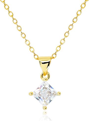 14K Gold Plated CZ Solitaire Necklace for Women • Princess Cut Square Rectangle Rhombus Cubic Zirconia Diamond Pendant Jewelry • Tarnish Free Adjustable Chain [CZN] in Saudi Arabia