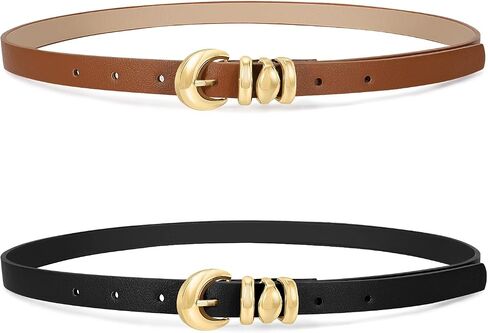 XZQTIVE 2 Pack 0.71'' Womens Skinny Leather Belts for Ladies Thin Waist Belt for Jeans Dress Pants with Fashion Gold Buckle in Saudi Arabia