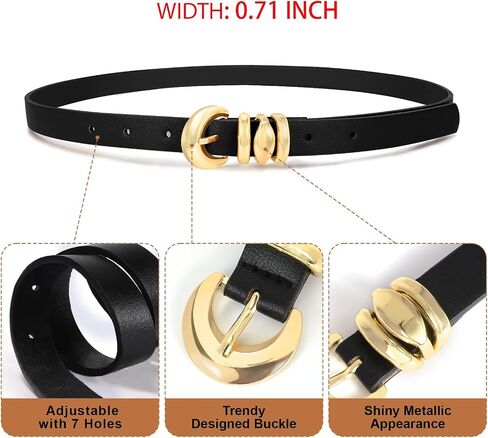 XZQTIVE 2 Pack 0.71'' Womens Skinny Leather Belts for Ladies Thin Waist Belt for Jeans Dress Pants with Fashion Gold Buckle in Saudi Arabia