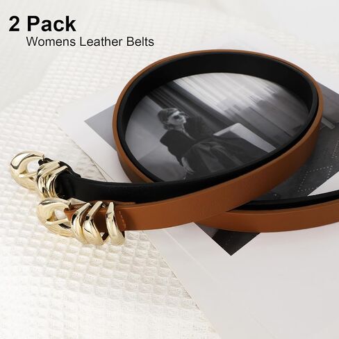 XZQTIVE 2 Pack 0.71'' Womens Skinny Leather Belts for Ladies Thin Waist Belt for Jeans Dress Pants with Fashion Gold Buckle in Saudi Arabia