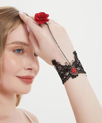 Gothic Black Lace Bracelet with Ring Vintage Red Rose Flower Slave Bracelet Crystal Tassel Charm Lolita Costome Harness Hand Chain for Women in Kuwait
