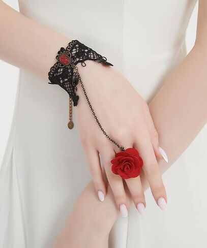 Gothic Black Lace Bracelet with Ring Vintage Red Rose Flower Slave Bracelet Crystal Tassel Charm Lolita Costome Harness Hand Chain for Women in Kuwait