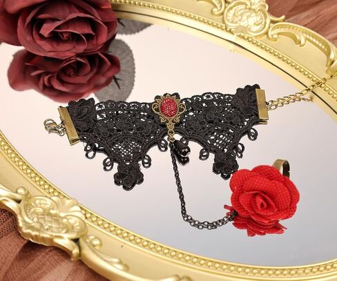 Gothic Black Lace Bracelet with Ring Vintage Red Rose Flower Slave Bracelet Crystal Tassel Charm Lolita Costome Harness Hand Chain for Women in Kuwait
