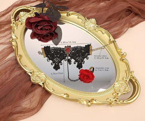 Gothic Black Lace Bracelet with Ring Vintage Red Rose Flower Slave Bracelet Crystal Tassel Charm Lolita Costome Harness Hand Chain for Women in Kuwait