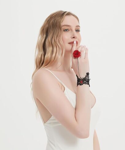 Gothic Black Lace Bracelet with Ring Vintage Red Rose Flower Slave Bracelet Crystal Tassel Charm Lolita Costome Harness Hand Chain for Women in Kuwait
