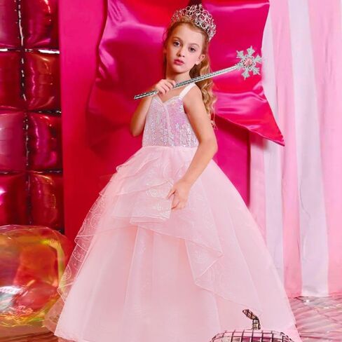 Glinda Costume Dress for Girls Witch Sequin pageant dress for girls special occasion With Wand and Crown in Saudi Arabia