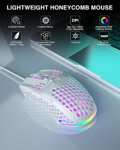 SOLAKAKA SM900 RGB Wired Gaming Mouse with Honeycomb Shell,Adjustable 12800 DPI,7 Programmable Buttons,Lightweight Gaming Mice Ergonomic Computer Mouse Gaming for Windows/PC/Mac/Laptop Gamer in Kuwait