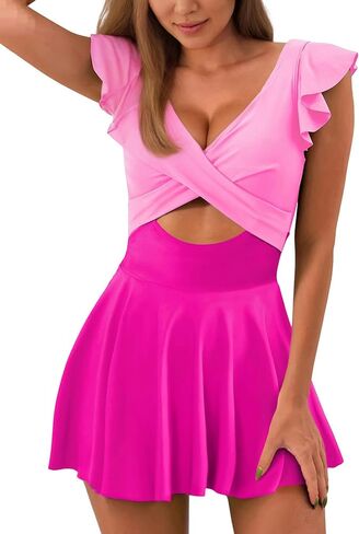 ODIZLI Women's Swimsuit V Neck Cutout Ruffle Swim Dress and Shorts Bathing Suit Color Block/Stripe Print/Solid Color in Saudi Arabia