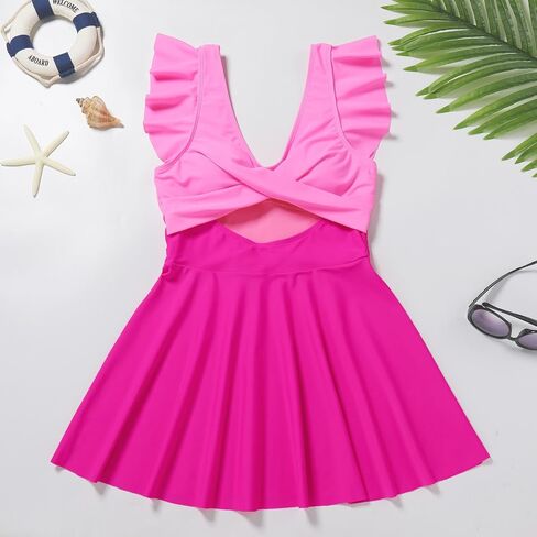 ODIZLI Women's Swimsuit V Neck Cutout Ruffle Swim Dress and Shorts Bathing Suit Color Block/Stripe Print/Solid Color in Saudi Arabia