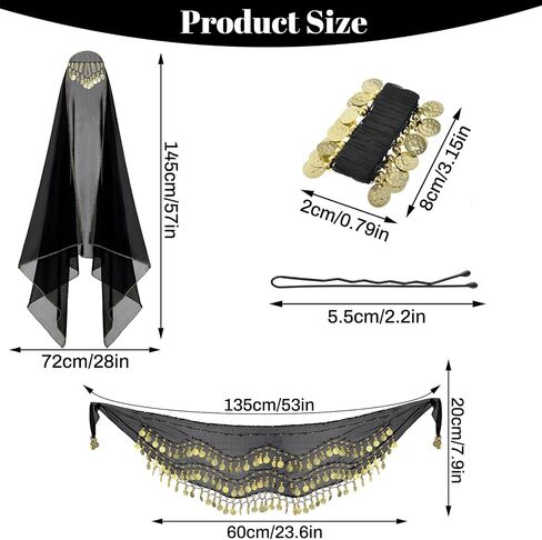 4 Pcs Belly Dance Hip Scarf Sets, Belly Dance Skirt & Head Scarf with Coins, 2 Coin Wrist Bracelet 50 Bobby Pins in Saudi Arabia
