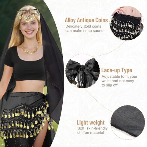 4 Pcs Belly Dance Hip Scarf Sets, Belly Dance Skirt & Head Scarf with Coins, 2 Coin Wrist Bracelet 50 Bobby Pins in Saudi Arabia