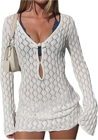 MakeMeChic Women's Swimsuit Coverup Long Sleeve Crochet Beach Cover up Mini Dress in Kuwait