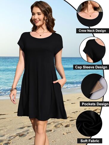 Larace Plus Size Women Swimsuit Cover Up Cap Sleeve Summer Beach Coverups فضفاضة قميص ملابس السباحة Sundress مع جيوب in Saudi Arabia