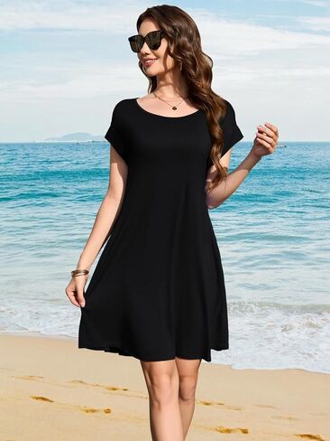 Larace Plus Size Women Swimsuit Cover Up Cap Sleeve Summer Beach Coverups فضفاضة قميص ملابس السباحة Sundress مع جيوب in Saudi Arabia