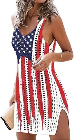 American Flag Dress Womens Hollow Out Slit Crochet Cover Up Sleeveless 4th of July Beach Swimwear Dresses in Kuwait