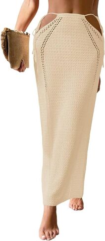 Womens Crochet Knit Slim Fit Beach Sarong Summer 2025 Waist Tie Hollow Out Bathing Suit Cover Up Maxi Skirt in Kuwait