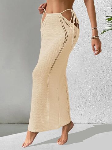Womens Crochet Knit Slim Fit Beach Sarong Summer 2025 Waist Tie Hollow Out Bathing Suit Cover Up Maxi Skirt in Kuwait