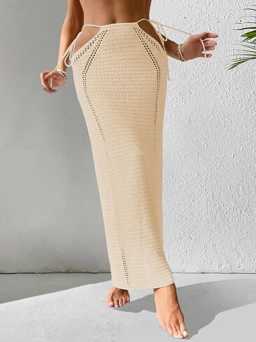 Womens Crochet Knit Slim Fit Beach Sarong Summer 2025 Waist Tie Hollow Out Bathing Suit Cover Up Maxi Skirt in Kuwait