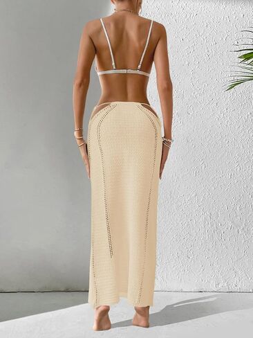 Womens Crochet Knit Slim Fit Beach Sarong Summer 2025 Waist Tie Hollow Out Bathing Suit Cover Up Maxi Skirt in Kuwait