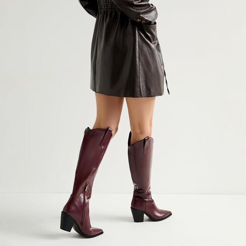 Cozivwaiy Women's Knee High Cowboy Boots Burgundy Western Cowgirl Boot Tall Chunky Heel Side Zipper in Kuwait