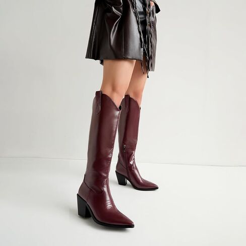 Cozivwaiy Women's Knee High Cowboy Boots Burgundy Western Cowgirl Boot Tall Chunky Heel Side Zipper in Kuwait
