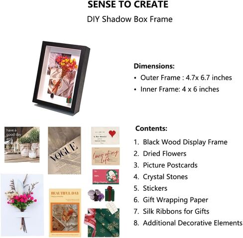 DIY Shadow Box Frame Set with Dried Flowers, Art Cards, Ornaments, Crystals, Stickers, Mat Boards Wrapping Paper, Halloween/Christmas/Birthday Gift (Black, 4.7 x 6.7) in Saudi Arabia