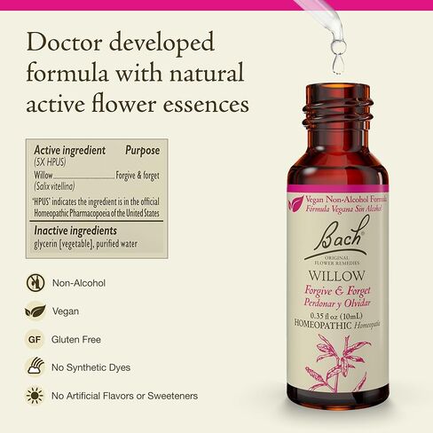 علاجات الزهور الاصلية من باخ، الصفصاف للمغفرة (تركيبة خالية من الكحول)، خلاصة الزهور الطبيعية المثلية، الصحة الشاملة وتخفيف التوتر، نباتي، قطارة 10 مل in Kuwait