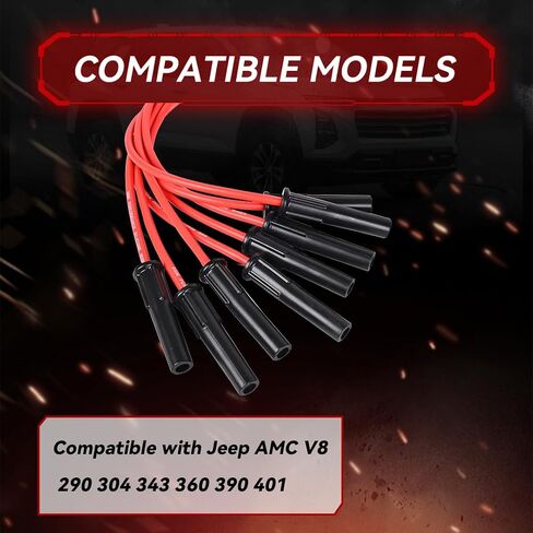 RLP Silicone Silf Slud Wires مجموعة 8.0 مم أسود متوافق مع Jeep AMC V8 290 304 343 360 390 401 HEI Distributor Distributor Cover Wires in Kuwait