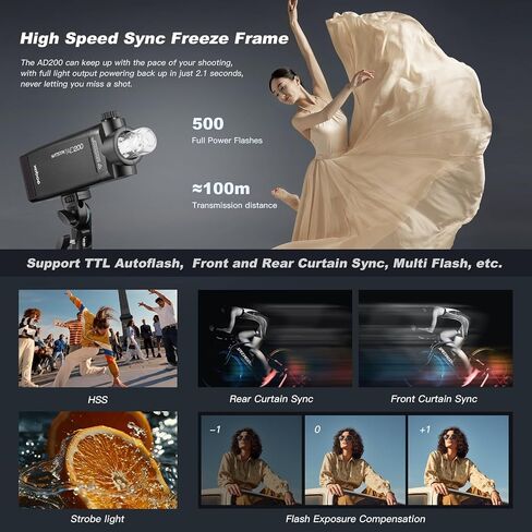 Godox AD200 200Ws 2.4G TTL 1/8000 HSS High-Speed Sync Flash Strobe Speedlite Monolight & Godox XPro-N Wireless Flash Trigger Transmitter Compatible for Nikon Cameras & 2900mAh Lithium Battery in Kuwait