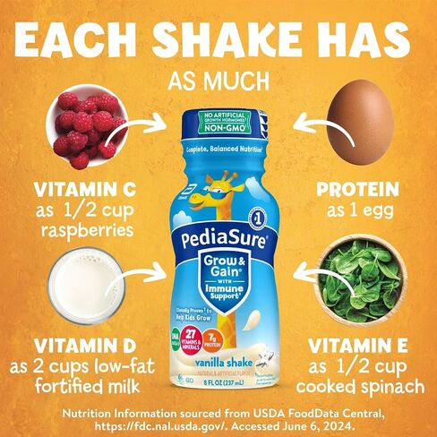 PediaSure Grow & Gain with Immune Support, Kids Protein Shake, 27 Vitamins and Minerals, 7g Protein, Helps Kids Catch Up On Growth, Non-GMO, Gluten-Free, Vanilla, 8 Fl Oz (Pack of 24) in Saudi Arabia
