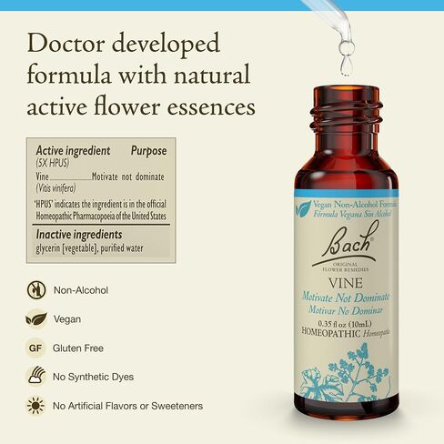 Bach Original Flower Remedies, Vine for Motivation (Non-Alcohol Formula), Natural Homeopathic Flower Essence, Holistic Wellness and Stress Relief, Vegan, 10mL Dropper in Saudi Arabia