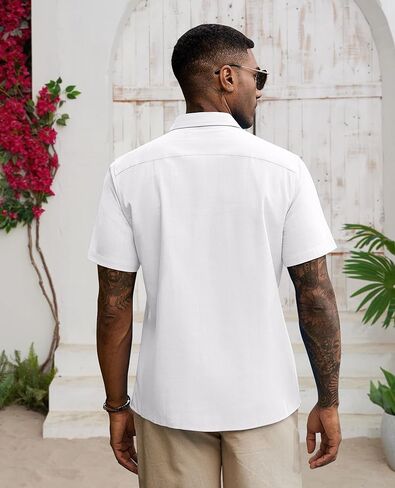 قمصان الكتان Guayabera للرجال بزر قصير الأكمام لأسفل قميص قميص هاواي القمصان الصيفية الكوبية قمصان الشاطئ in Kuwait