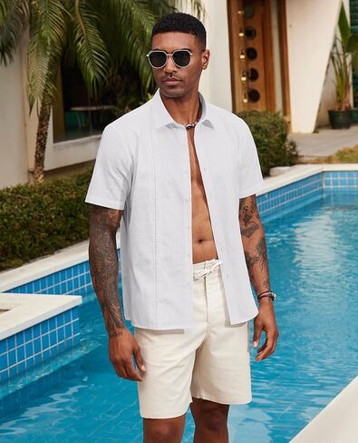 قمصان الكتان Guayabera للرجال بزر قصير الأكمام لأسفل قميص قميص هاواي القمصان الصيفية الكوبية قمصان الشاطئ in Kuwait