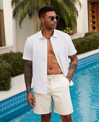 قمصان الكتان Guayabera للرجال بزر قصير الأكمام لأسفل قميص قميص هاواي القمصان الصيفية الكوبية قمصان الشاطئ in Kuwait