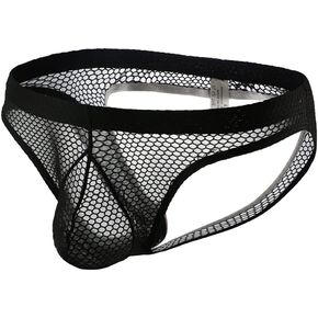 Men's Sexy Jockstrap Underwear Thong Mesh Bikini Briefs with Enhancing Pouch See through Underpants Low Rise Panty