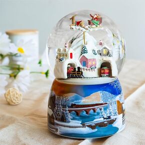 6" Flying Santa Sleigh and Moving Train Christmas Snow Globe Music Box Musical Gift for Kids Girls Daughters Boys AAA Battery Operated Home Decor Ornament (Battery Not Included)