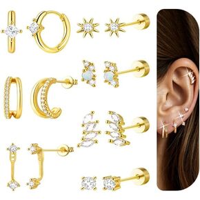 Gold Flat Back Stud Earrings, 20G Hypoallergenic Cartilage Earrings for Women Men,7 Pairs Lobe Tragus Helix Conch Piercing Jewelry,Dainty FlatBack Stud Hoop Earring Set for Multiple Piercing