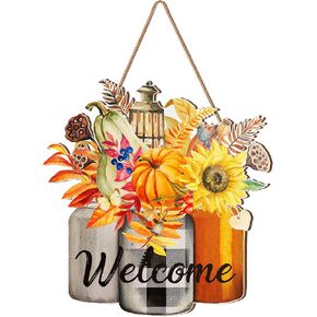 Thanksgiving Welcome Door Sign Pumpkin Hanging Door Decor Fall Wooden Sign Autumn Decorations Pumpkin Maple Leaves Hanger for Outdoor Farmhouse Porch Front