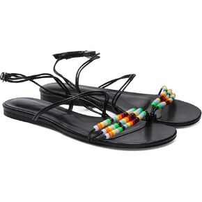 Beaded Flat Sandals for Women Ankle Strap Open Toe Slide Sandals Lace up Casual Summer Dressy Beach Sandals