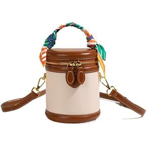 Retro Bucket Bag Female PU Leather Color Contrast Cylinder Shoulder Round Bag Handle Handbag Purse