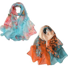 Fuxiqar 2 Pack Scarves for Women Lightweight Thin Shawl – Floral Print Fashion Wraps Summer Scarf for Travel Beach Daily Use