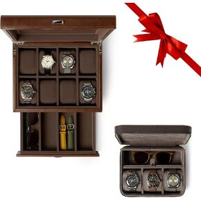مجموعة هدايا Tawbury | Bayswater 8 Slot Watch Box مع Drawer (Brown) و Fraser 3 Watch Travel Case with Storage (Brown)