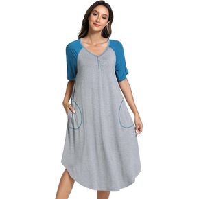 NACHILA Women's Nightgowns-Viscose Made from Bamboo, V Neck Sleepwear Short Sleeve Nightshirt Comfy Sleep Dress with Pockets