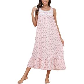 Rubehoow Women's Nightgown Sleepwear Soft Cotton Sleeveless Full Long Sleep Dress with Pockets (Flowers on Pink,L)