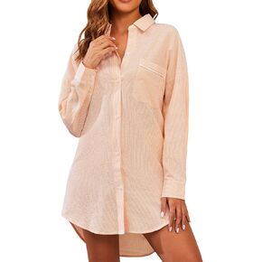 Nightgowns For Women Button Down Nightshirt Striped Sleepwear Long Sleeve Oversized Pajama Dress S-3XL