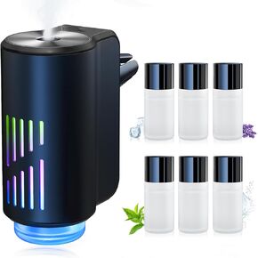 ناشر معطر هواء السيارة ، معطر هواء السيارات الذكي مع ثلاثة أوضاع ضوئية قابلة للتعديل ، وعلم العطريات القابلة لإعادة الشحن بارا كارو مع زيت أساسي 6pcs ، طويل الأمد ، أسود
