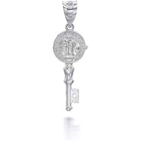 Claddagh Gold Saint Benito Reversible 2 Sided Key .925 Sterling Silver Religious Patron Saint Pendant Necklace Choice of Pendant Only or Necklace Chain Length