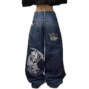 Unisex Y2K Hip Hop Street Jeans Skeleton Print Gothic Baggy Jeans Vintage High Waist Denim Jeans Wide Leg Pants