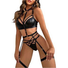 WDIRARA Women's 3 Pieces Cut Out Crisscross PU Leather Underwire Garter Lingerie Set
