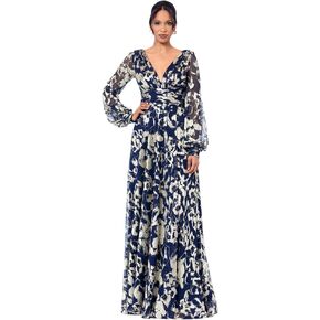 Betsy & Adam Women's Metallic Foil Long Mesh Sleeve V Neck Gown